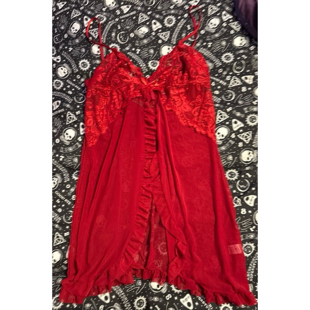 Sheer Red Lace Top Open Front Babydoll Lingerie, Medium